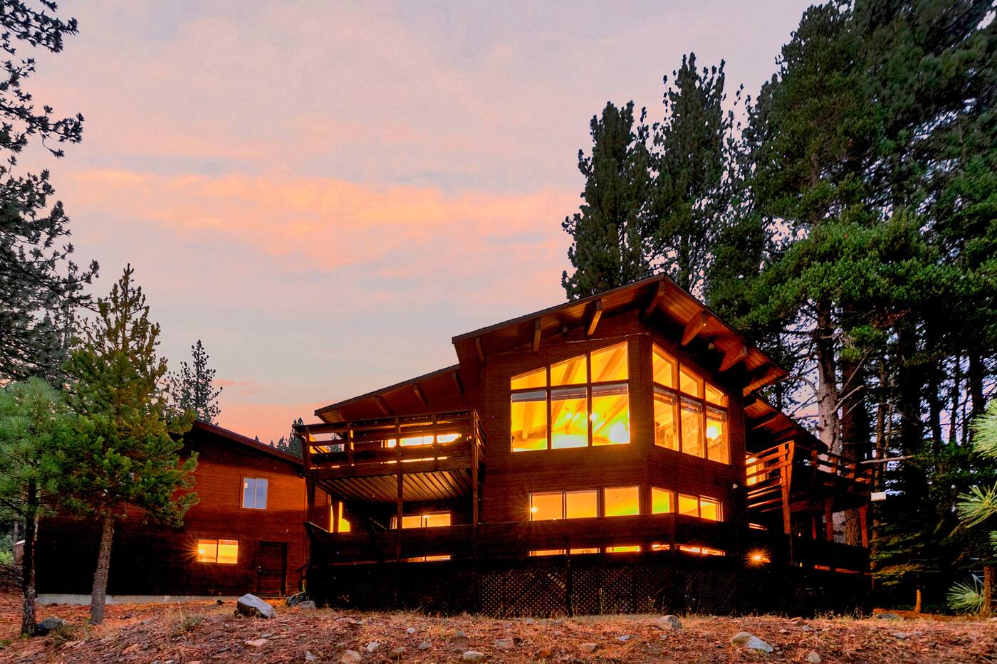 Rear exterior at twilight